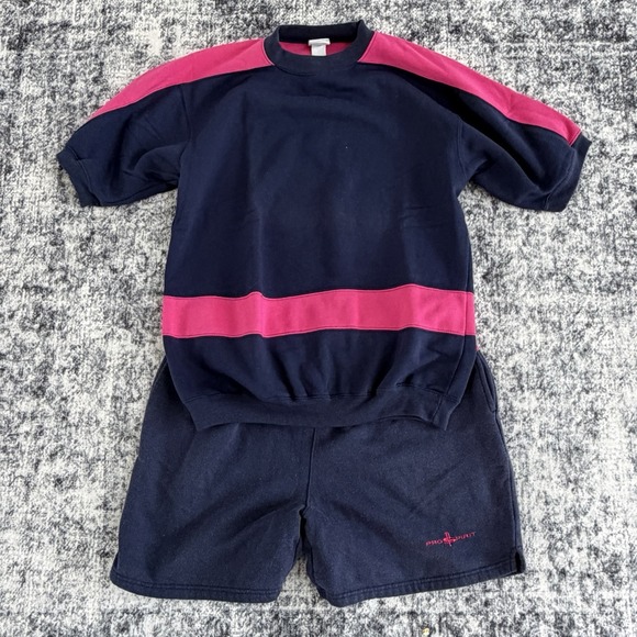 Pro Spirit Athletic Gear Tops - VTG Women's Pro Spirit Sweatsuit Sweater Half Sleeve Shorts Blue Pink Set Size M